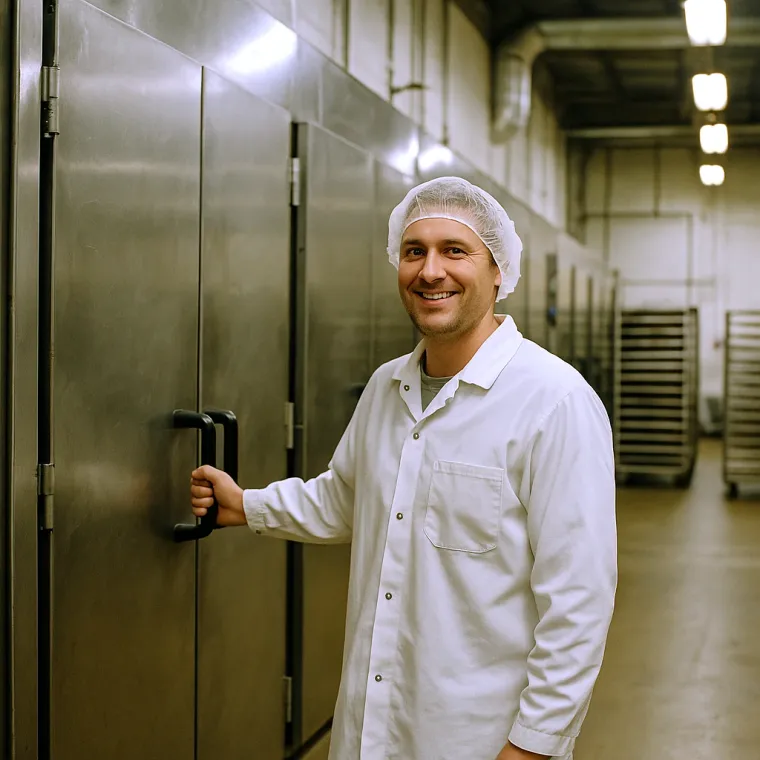 A Flatiron Food Factory team member opening a stainless steel oven on the production floor