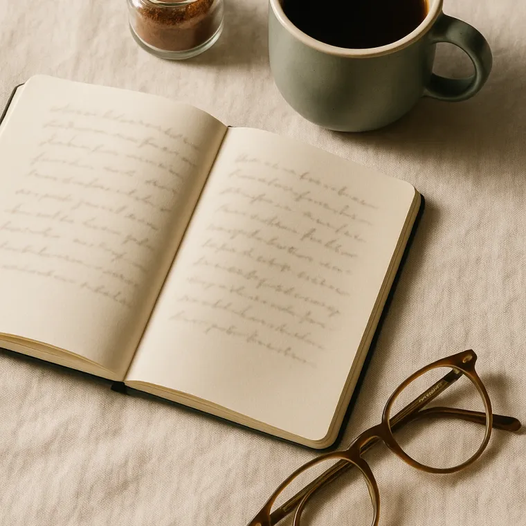 An open notebook, a cup of coffee and a jar of freeze-dried powder on a linen surface