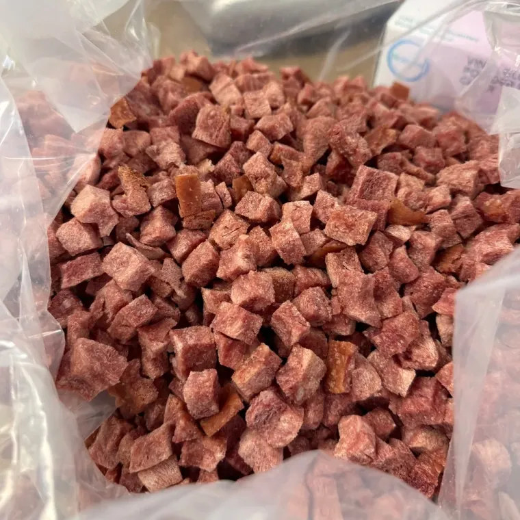 Freeze-dried diced meat, bagged after drying