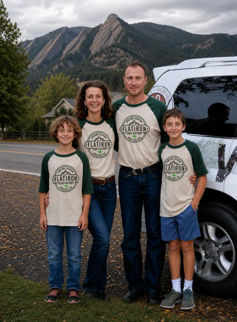 The Flatiron Food Factory family standing in front of the Flatirons in Loveland, Colorado, wearing Flatiron Food Factory shirts