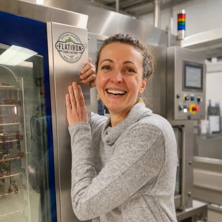 The owner of Flatiron Food Factory smiling beside a branded freeze-dryer on the production floor