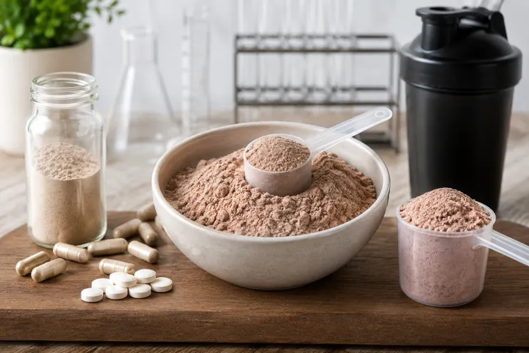 Supplement powder, capsules, and tablets on a wooden board with lab glassware