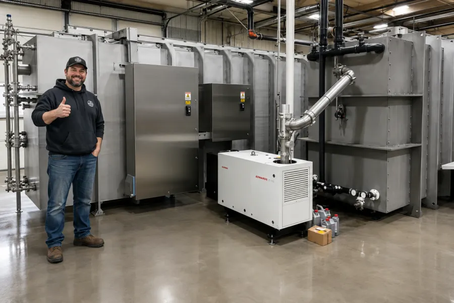 A Flatiron Food Factory team member beside the freeze-dryer bank and vacuum plant on the production floor