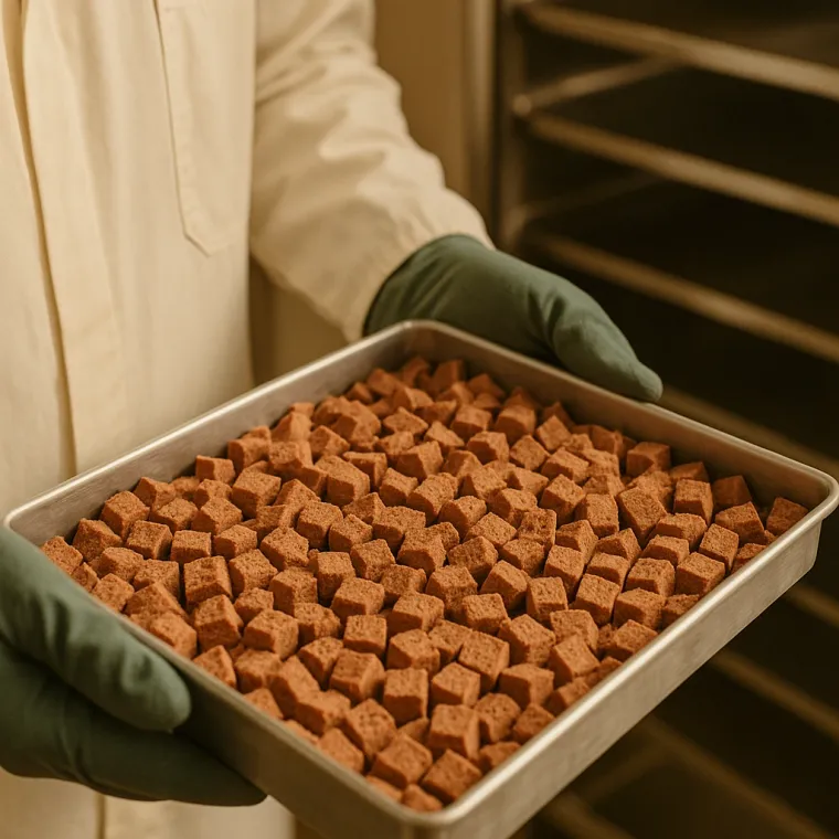 Gloved hands holding a stainless steel freeze-dryer tray filled with evenly diced freeze-dried meat