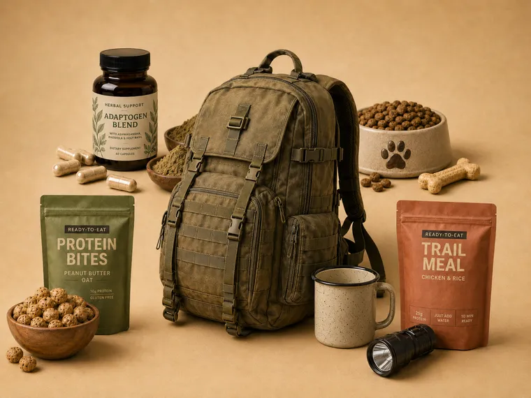 A supplement bottle, protein bite and trail meal pouches, a filled pet food bowl, and camping gear arranged around a backpack