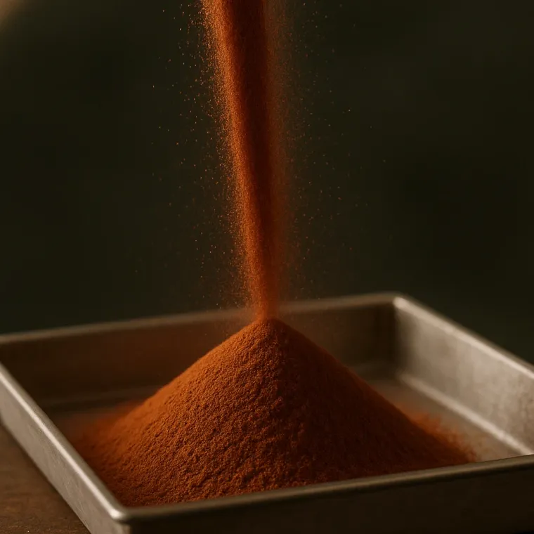 Finely milled powder pouring in a stream into a rectangular stainless steel tray
