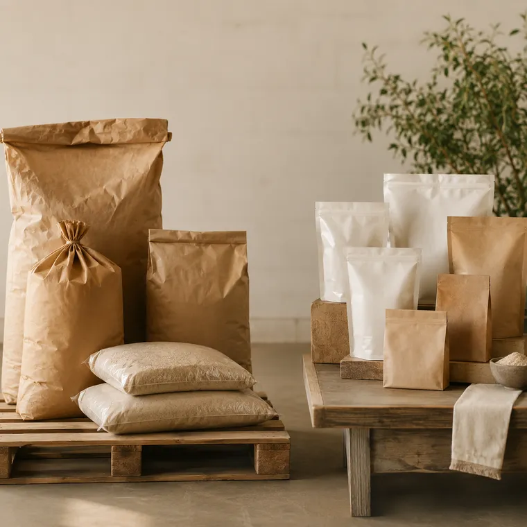 Kraft bulk sacks on a pallet beside retail-ready stand-up pouches in white and kraft, with sealed bags of milled product