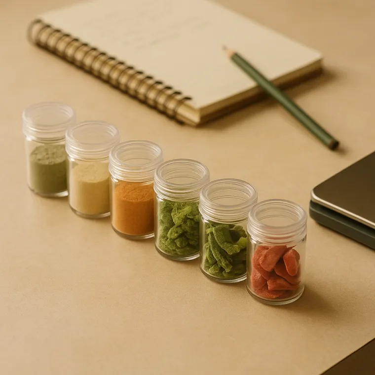 A row of small sample jars of powders and freeze-dried pieces beside a notebook and scale on a work bench