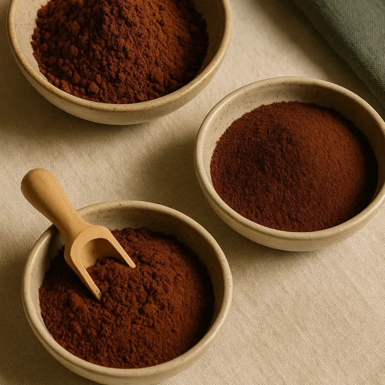 Three ceramic bowls of finely milled freeze-dried organ powder with a wooden scoop on a linen surface