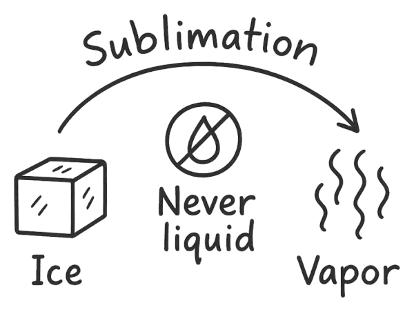 A hand-drawn diagram of ice turning straight to vapor by sublimation, with liquid struck through