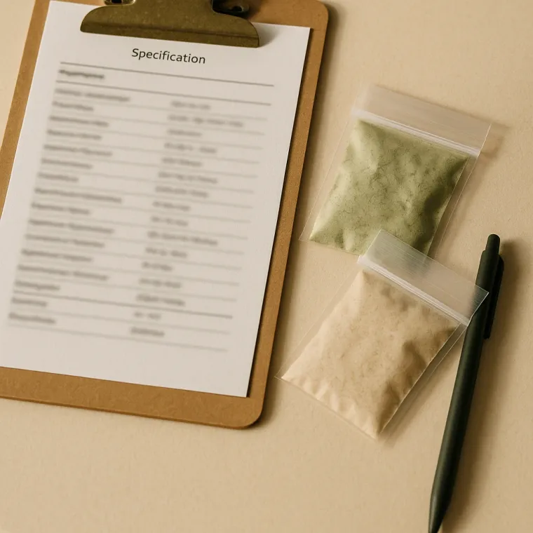 A clipboard with a specification sheet beside two sealed sample bags of freeze-dried powder