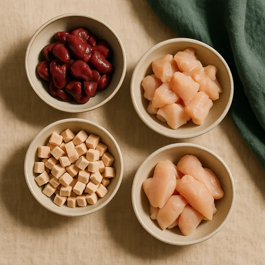 Small dishes of organ pieces, poultry cuts and evenly diced cubes arranged on a linen surface