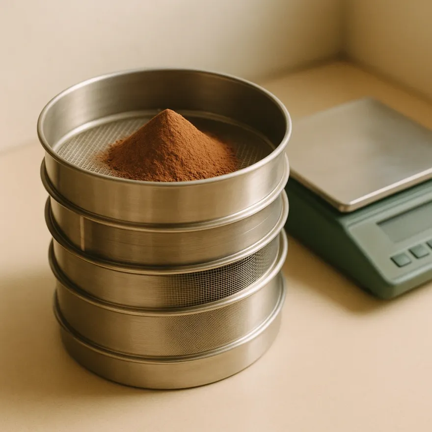 A stack of stainless steel test sieves with milled powder and a bench scale