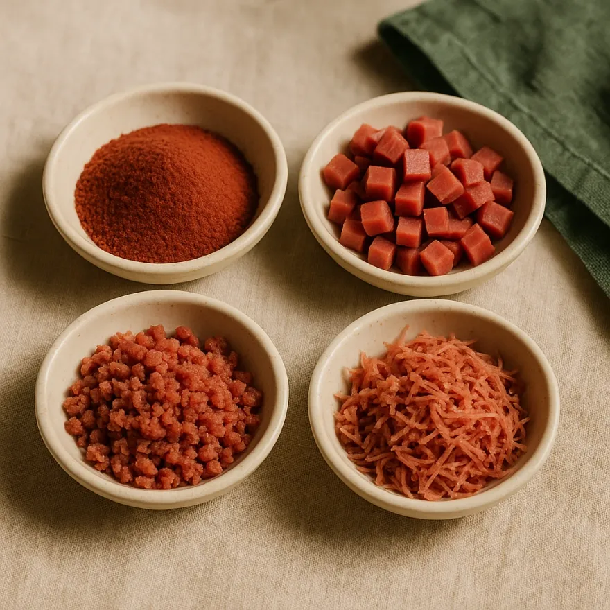 Four dishes of the same meat as powder, diced cubes, ground crumble and shreds