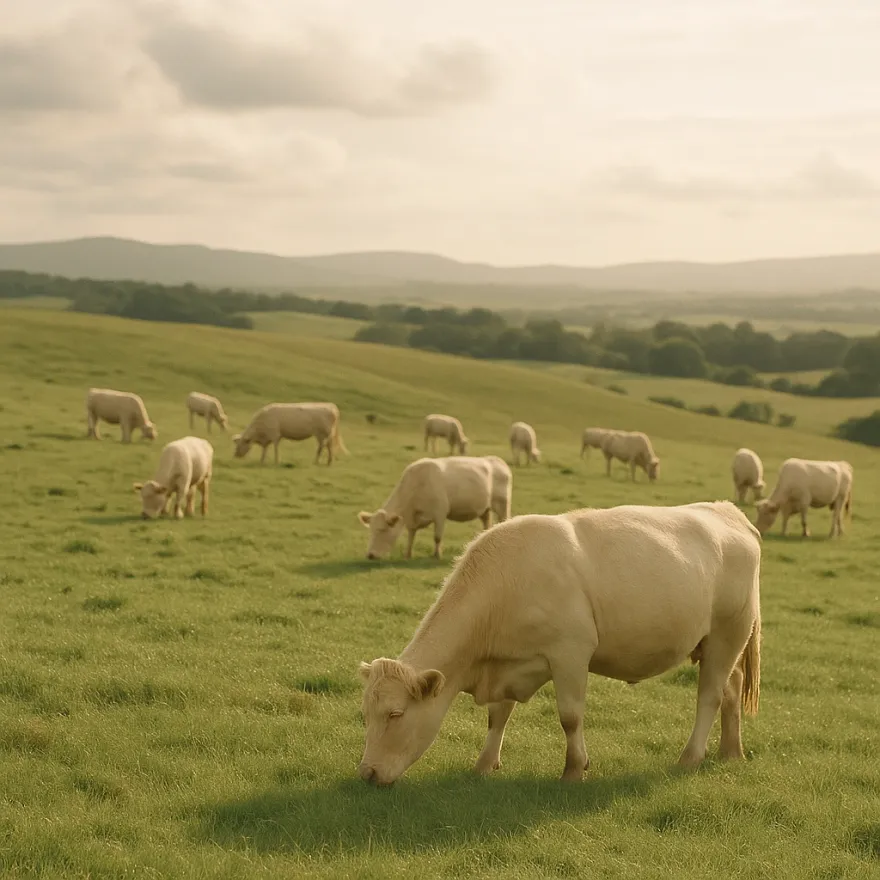 Grass-fed cattle grazing on open rolling pasture in late afternoon light