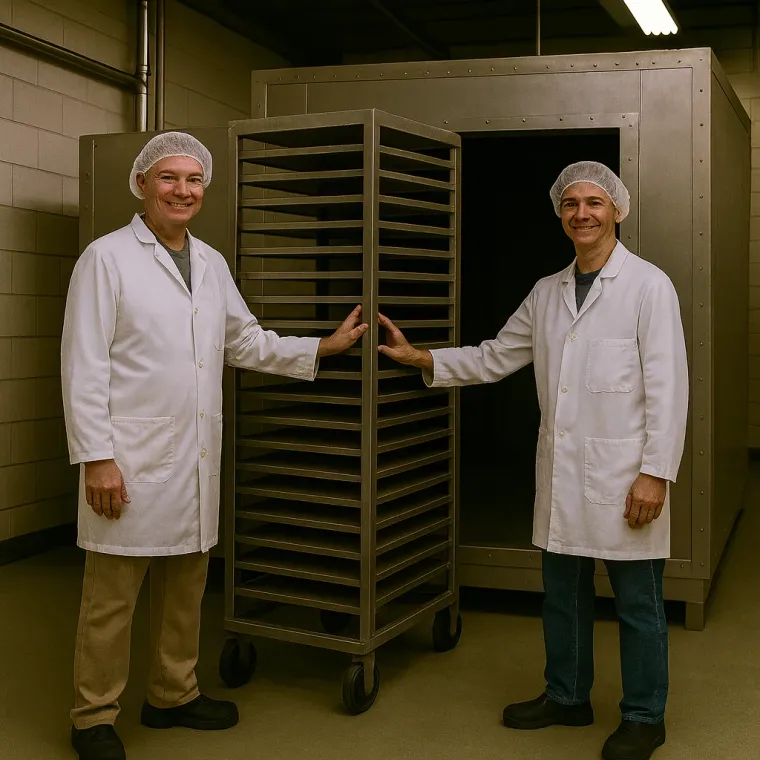 Two smiling Flatiron Food Factory workers standing with a rack of loaded drying trays in front of a square freeze-dryer chamber