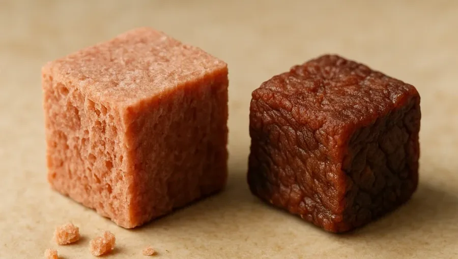 A freeze-dried cube holding its shape with a visibly porous interior beside a heat-dried cube that has shrunk and darkened