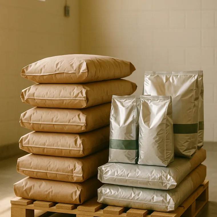 Stacked kraft paper bulk ingredient sacks and sealed bags on a pallet in a clean warehouse